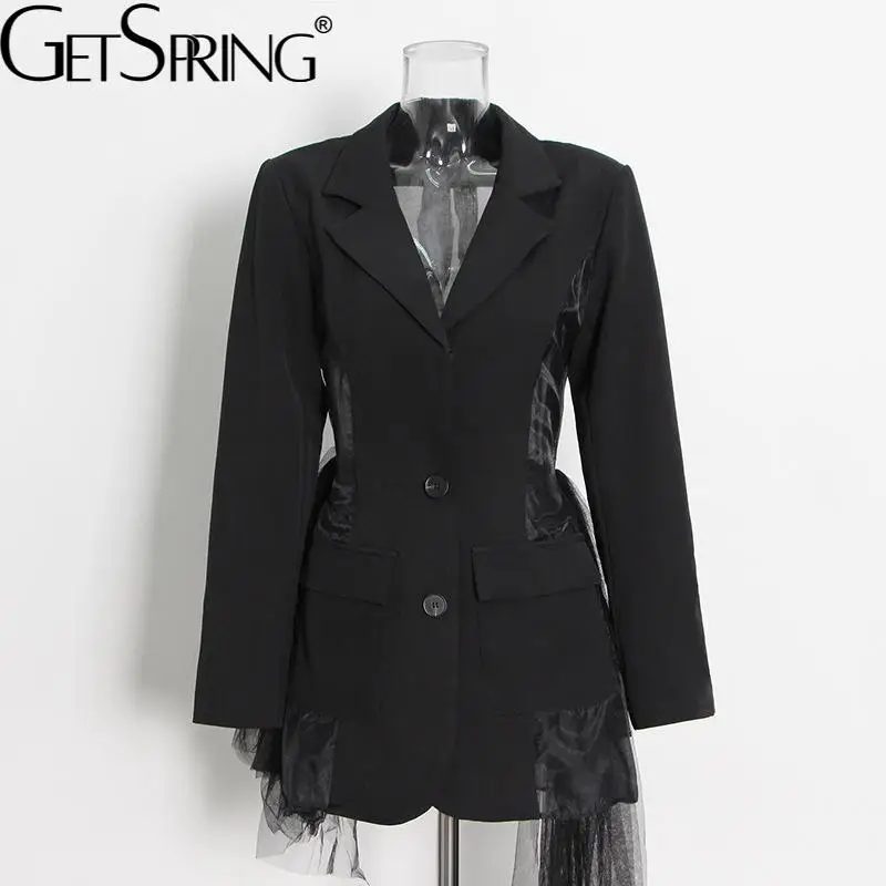 

GetSpring Women Blazer Mesh Spliced Suit Blazer Single Breasted Long Sleeve Ladies Blazer Coat Fashion Women's Slim Suit Jacket