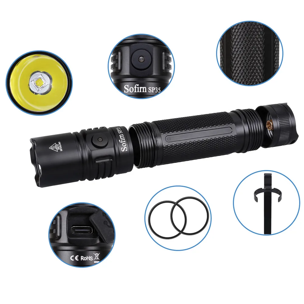 

New Sp35 Usb C 2a Rechargeable Led Flashlight 21700 Sst40 2200lm Torch 2 Groups With Ramping Power Indicator Update Atr