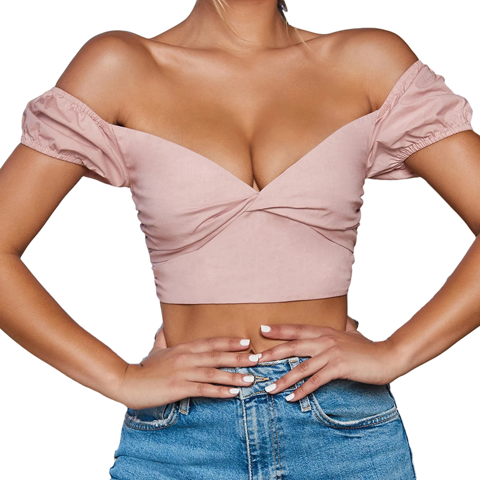 

Women's Crop Tops, Short Sleeve Off Shoulder Pleated Chest Solid Color T-shirt for Female