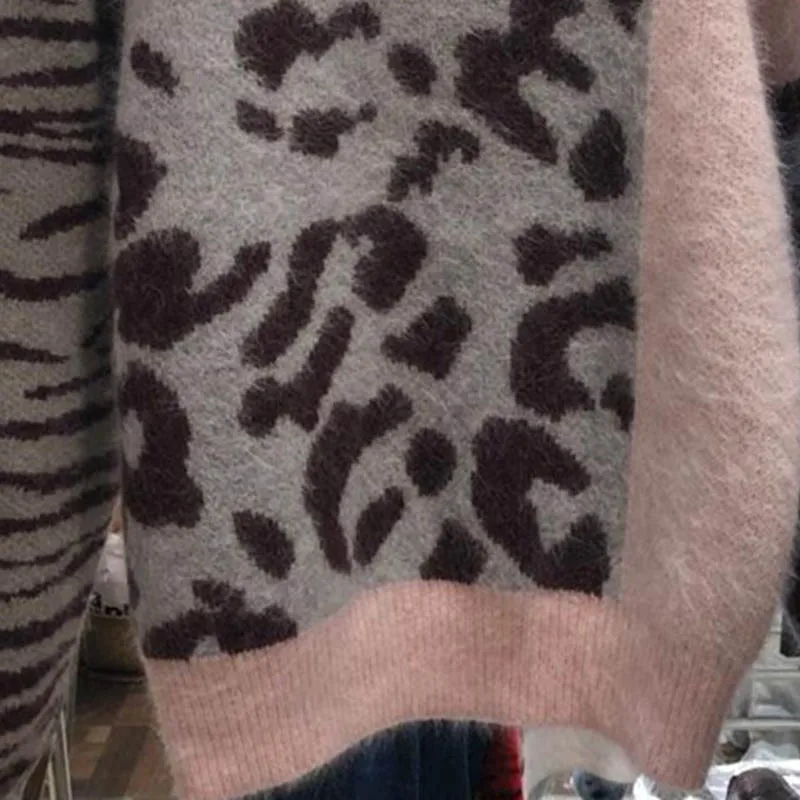 Женский леопардовый свитер с принтом зебры норковый кашемировый вязаный зимний