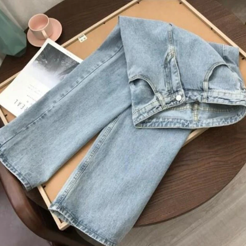 

Light Blue Denim Trousers Vintage Wide Leg Pants Women Korean Straight Long Pants High Waist Casual Loose With Belt 2021 Autumn