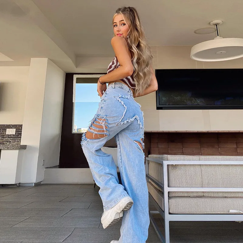 Уличная одежда мешковатые джинсы с вырезами и дырками женские длинные джинсовые