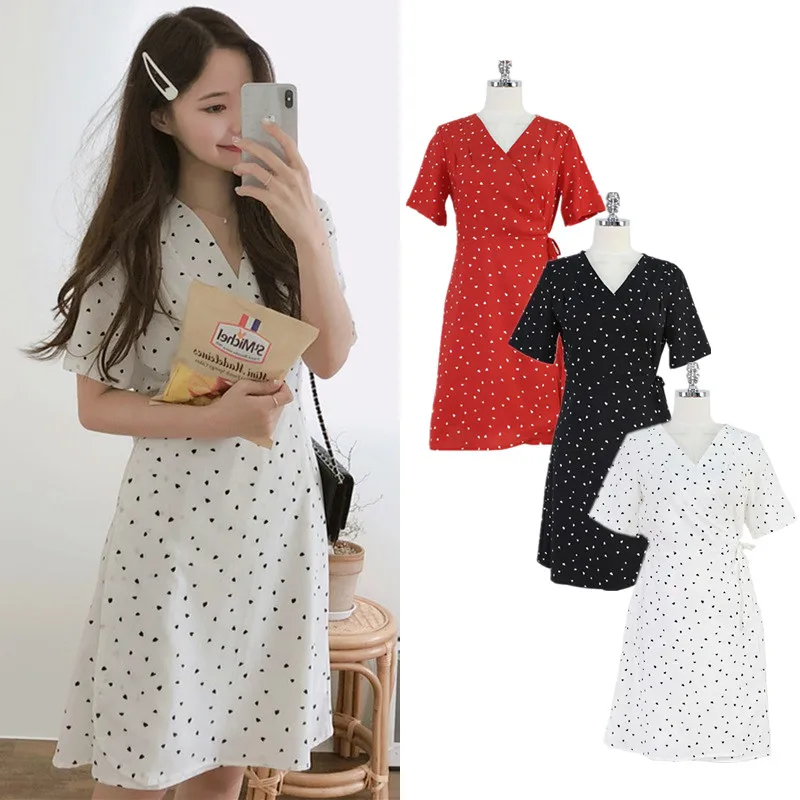 2020 Girl's love print one-piece V-neck dress waist slim Korean version of the chic ruffle A-line | Женская одежда