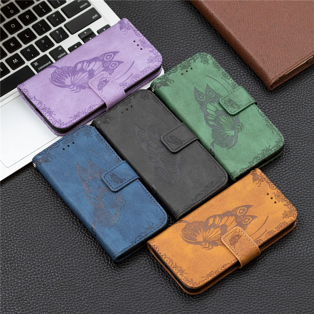 

Flip Phone Case for iPhone 11 12 Pro Max X XS XR 7 Plus Butterfly Vintage Embossed Wallet Leather Cover Shockproof Capa Fundas