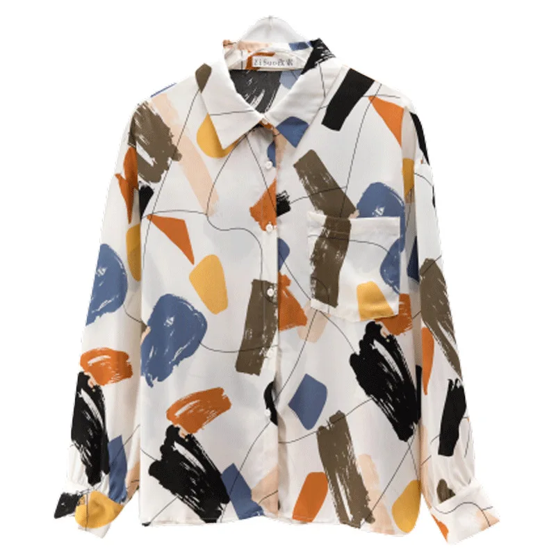 

Autumn 2020 New Printed Shirt Women's Top Spring and Autumn Long Sleeve Student Retro Hong Kong Style White Shirt Plus Size