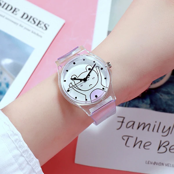Женские кварцевые часы с мультяшным животным прозрачный циферблат модные