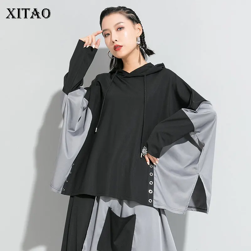 XITAO уличная мода с капюшоном футболка женская сплайсинга металлическая