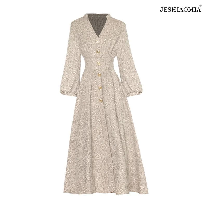 

JESHIAOMIA- 2021 Autumn V Neck Single Breasted Puff Sleeve Midi Dress