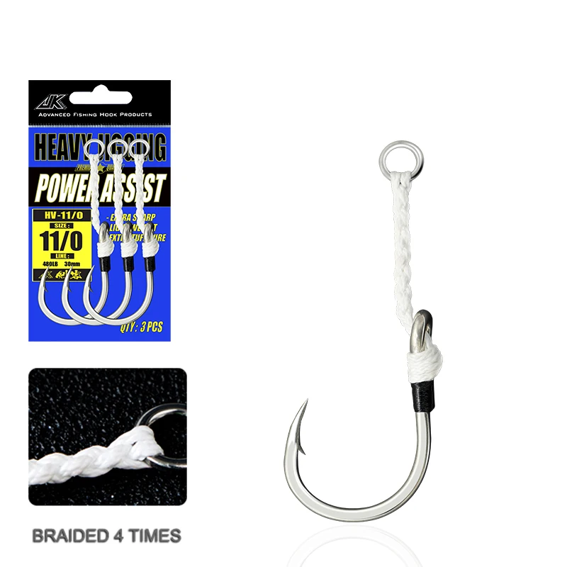 JK HV 5/0 7/0 9/0 11/0 4X Heavy-duty Hooks Double Twisted PE Assist Cord Saltwater Big Game Fishing Mustad Hooks with Solid Ring
