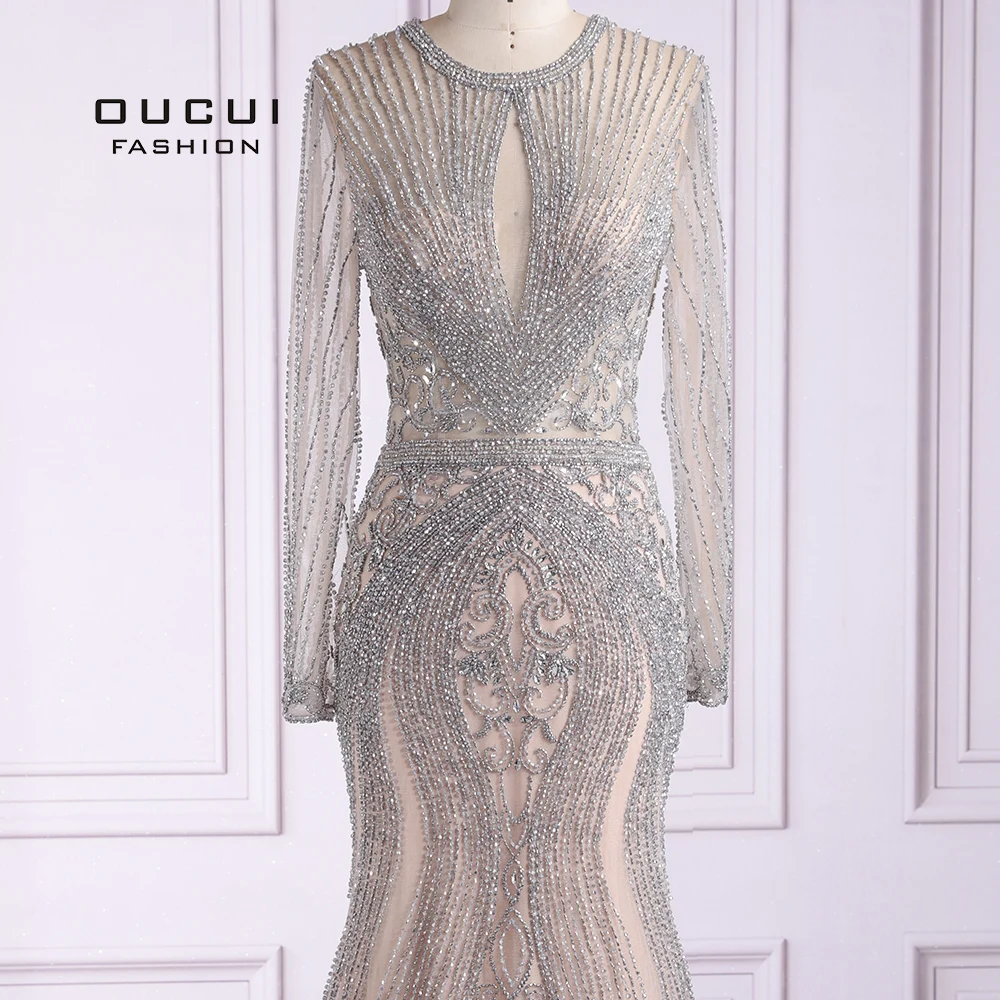 Oucui Элегантное длинное вечернее платье с бисером роскошное для выпускного вечера