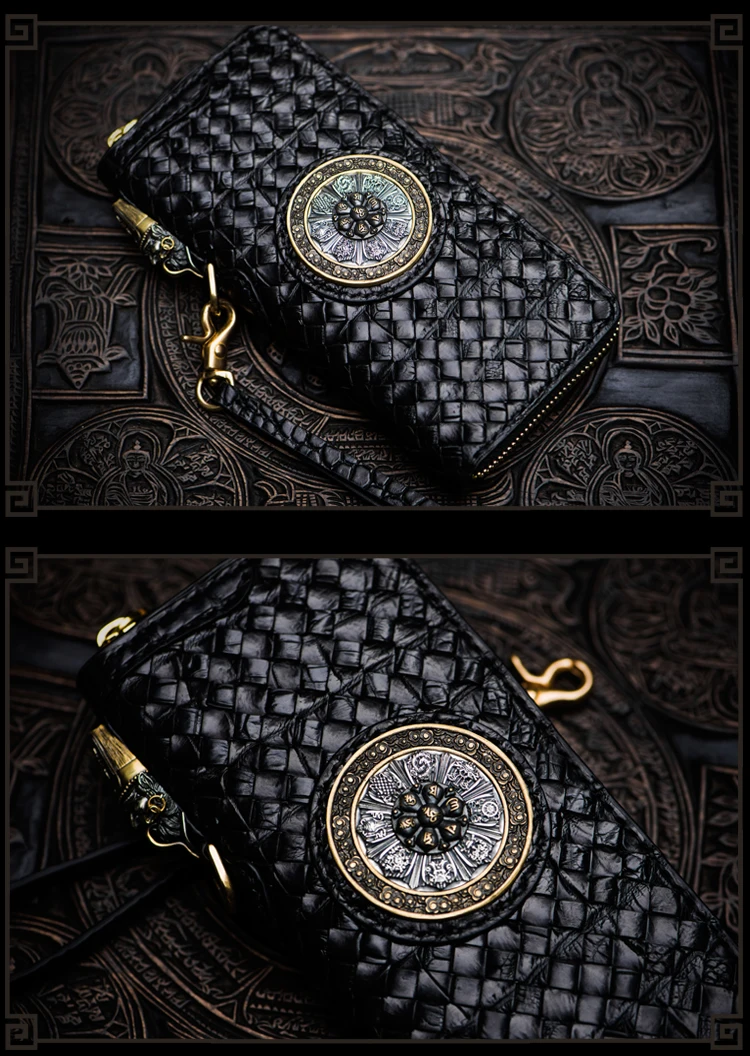 Unisex handmade wallet Crocodile leather woven long zipper bag Vintage Chinese style leather vertical wallet