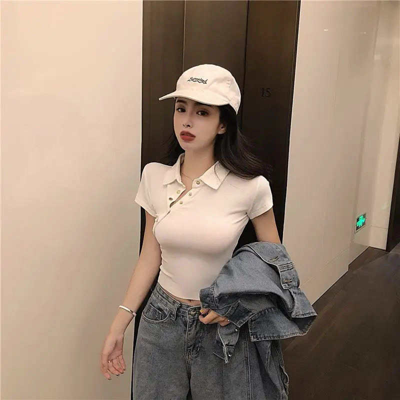

Female Polo Shirt Buckle Cultivate One's Morality Show Thin White Polo Collar Short Coat Euramerican Fashion Short