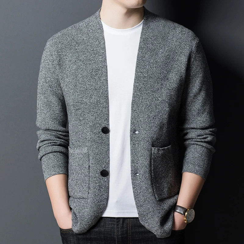 Мужской трикотажный кардиган на пуговицах повседневная однотонная куртка в
