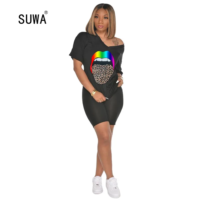 

Женский короткий спортивный костюм с принтом рот, повседневный костюм из двух предметов, топ и шорты контрастных цветов в уличном стиле на л...