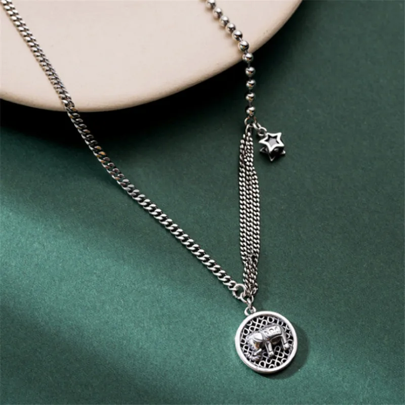 

925 Silver Women Vintage Make Old Distressed Elephant Pendant Necklace Girls Fashion Clavicalis Distressed Beads Chain Necklace
