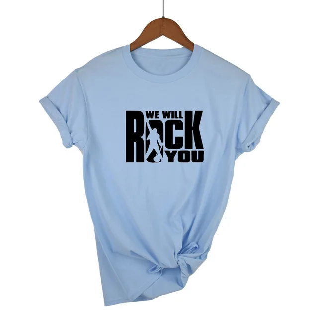 Light Blue-B We Will Rock You Женская Футболка Летний стиль королева рок группа футболка короткий рукав хлопок рок-ролл женские топы - Цвет: Light Blue-B
