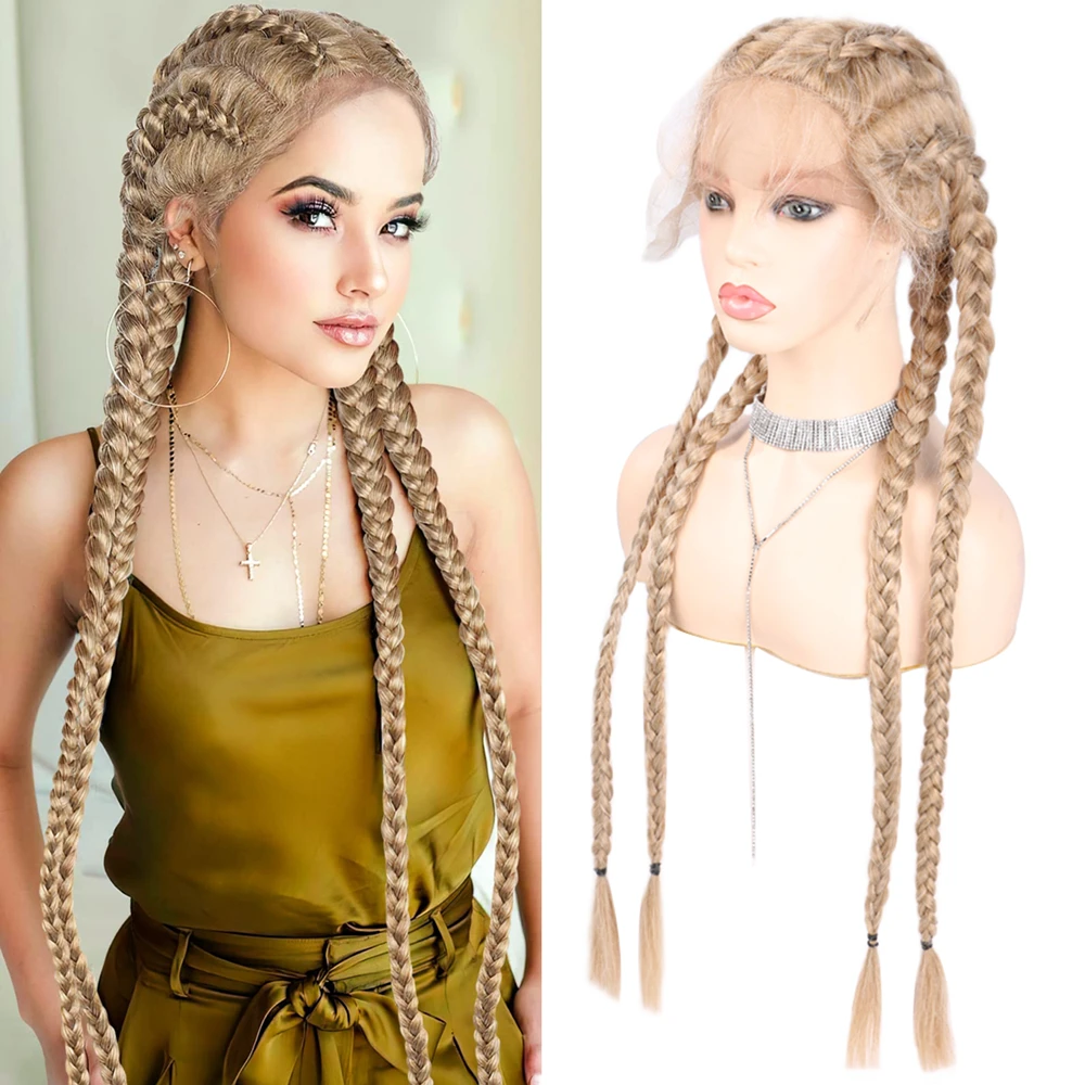 

32" Synthetic Lace Braided Wigs with Baby Hair Rough Box Braids Wig for Black Women Lace Frontal Braiding Synthetic Wigs #613