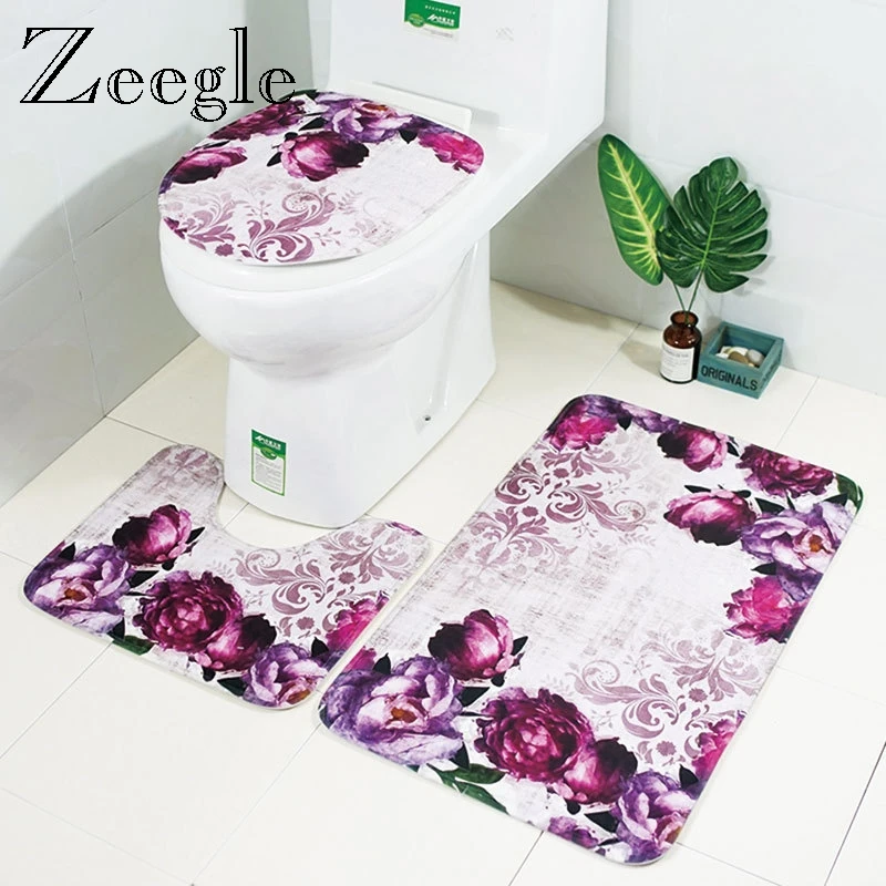 

Zeegle Floral 3Pcs Bathroom Mat Set Anti-slip Bathroom Floor Rugs Cushion Toilet Seat Cover Toilet Bath Mat Bathroom Carpet Set