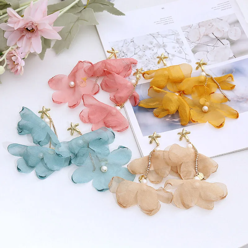 Богемные Многослойные висячие серьги из розовой сетчатой пряжи с цветами для