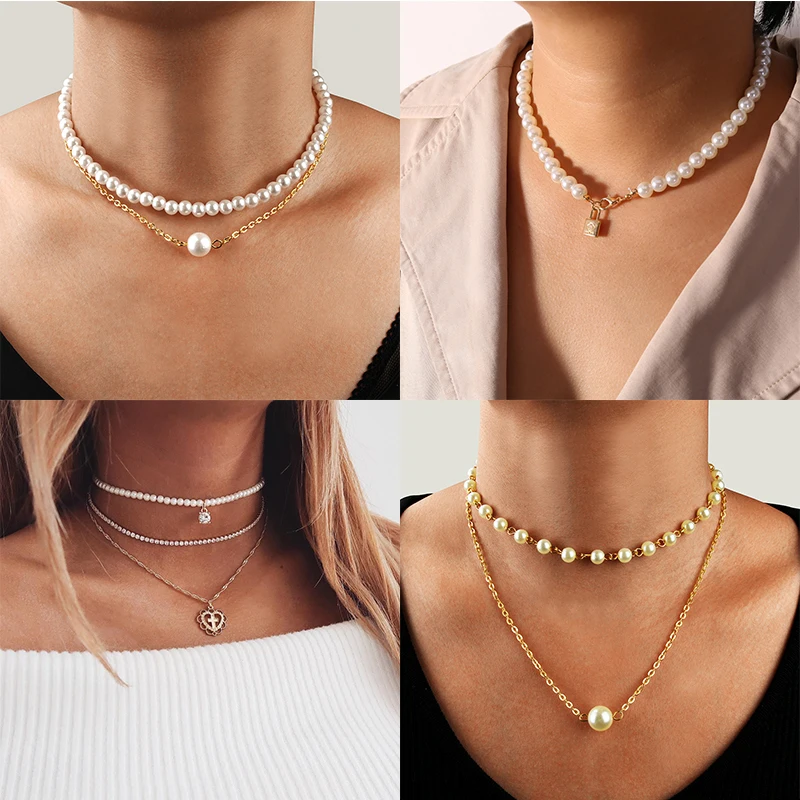 

YWZIXLN Boho Charm Gold Color Multi-layer Pearl Chain Fashion Necklaces Bijoux For Women Elegant Choker Jewelry Wholesale N068