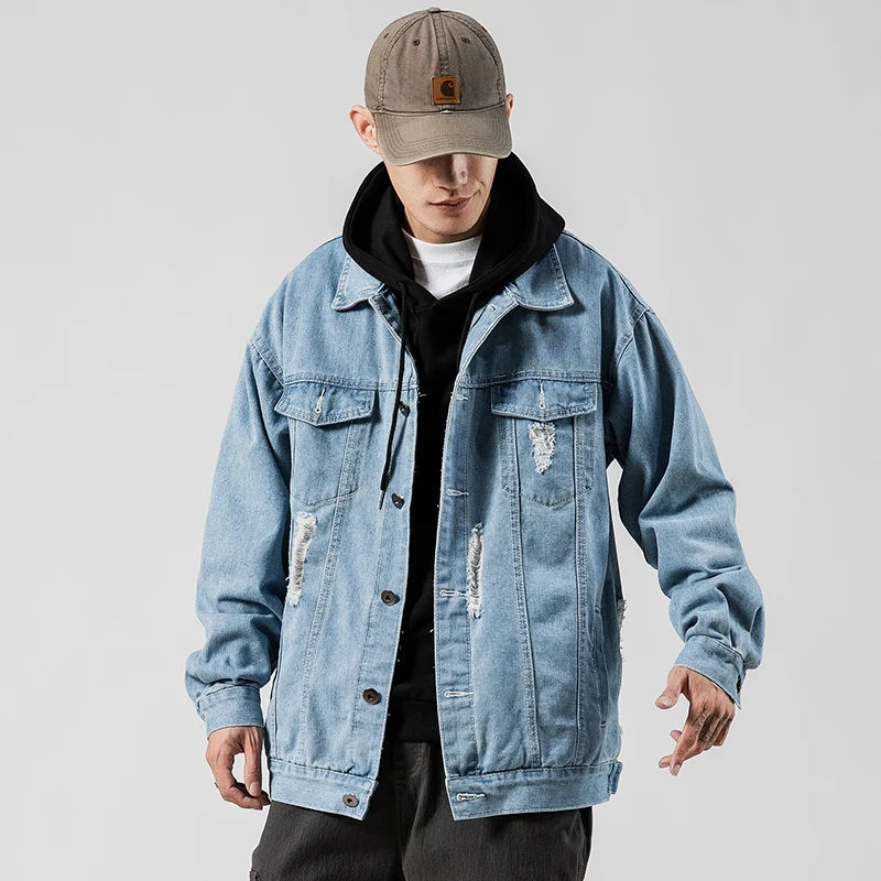 2021 весенняя и осенняя джинсовая куртка Мужская бомбер с отворотом в стиле хип хоп