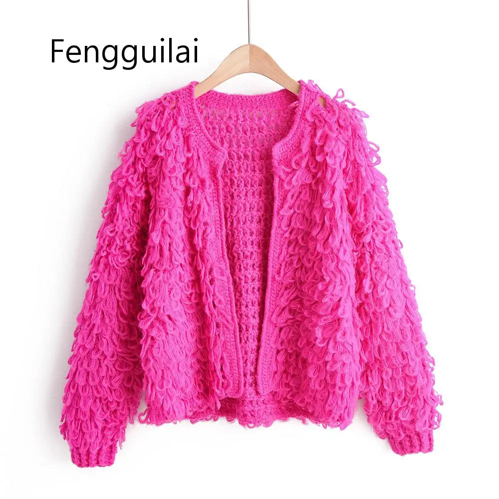 

FENGGUILAI 2019 Autumn Solid Hollow Out Tassel Knitted Cardigans Women Vintage O-neck Sweaters Ladies Streetwear Knitwear