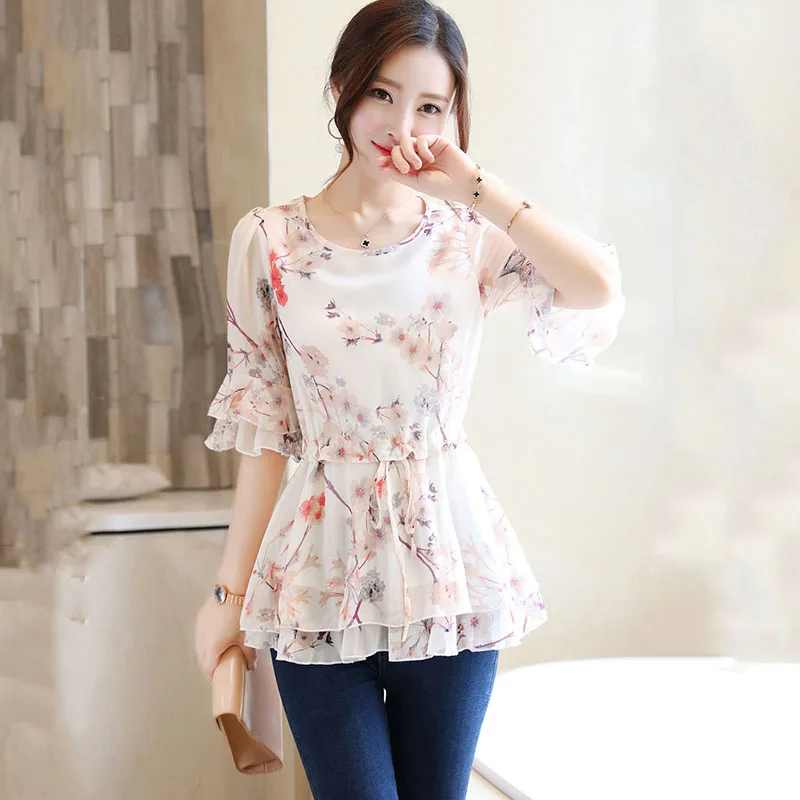 Женская шифоновая блузка с цветочным принтом и круглым вырезом|Рубашки| |