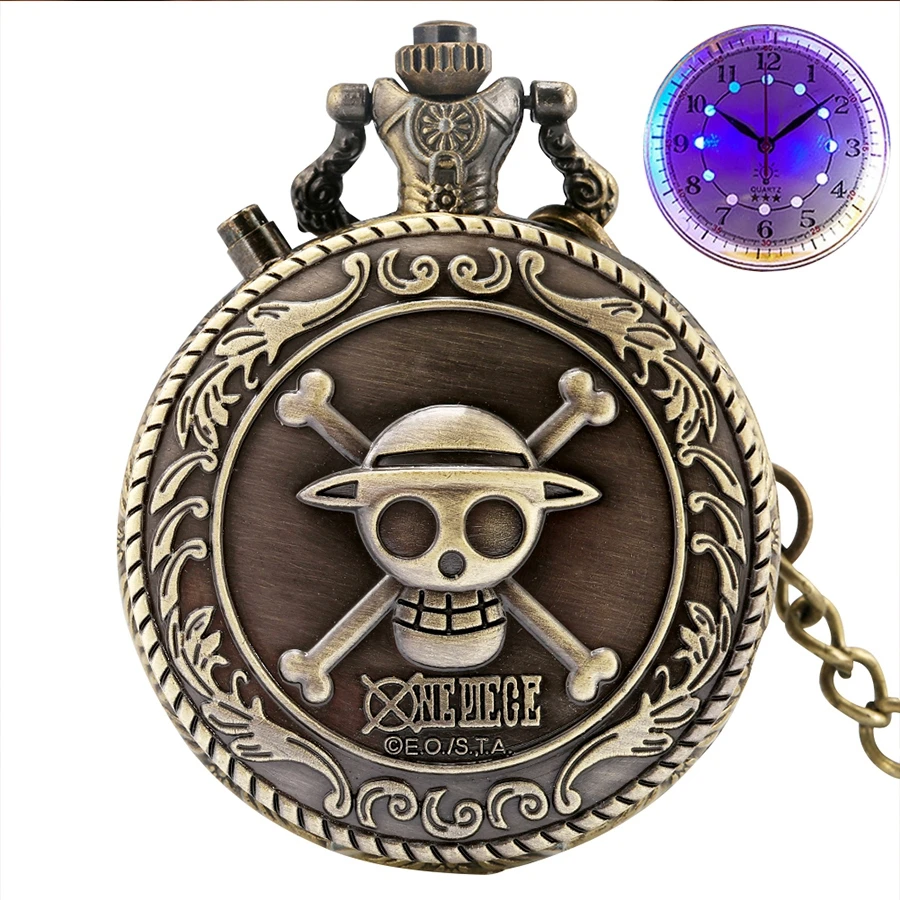 Luminous LED Pocket Watch Japan Cartoon Anime One Piece Pocket Watches Necklace Chain Vintage FOB Steampunk Pendant Flash Clock