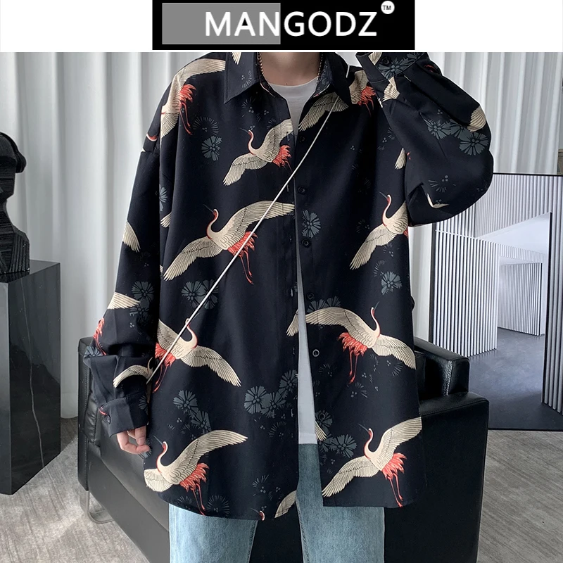 

Crane Print Men Shirt Casual Vintage Male Shirts Button Shirt Hip Hop Japanese Streetwear 2021 New Harajuku Long Sleeve Shirts