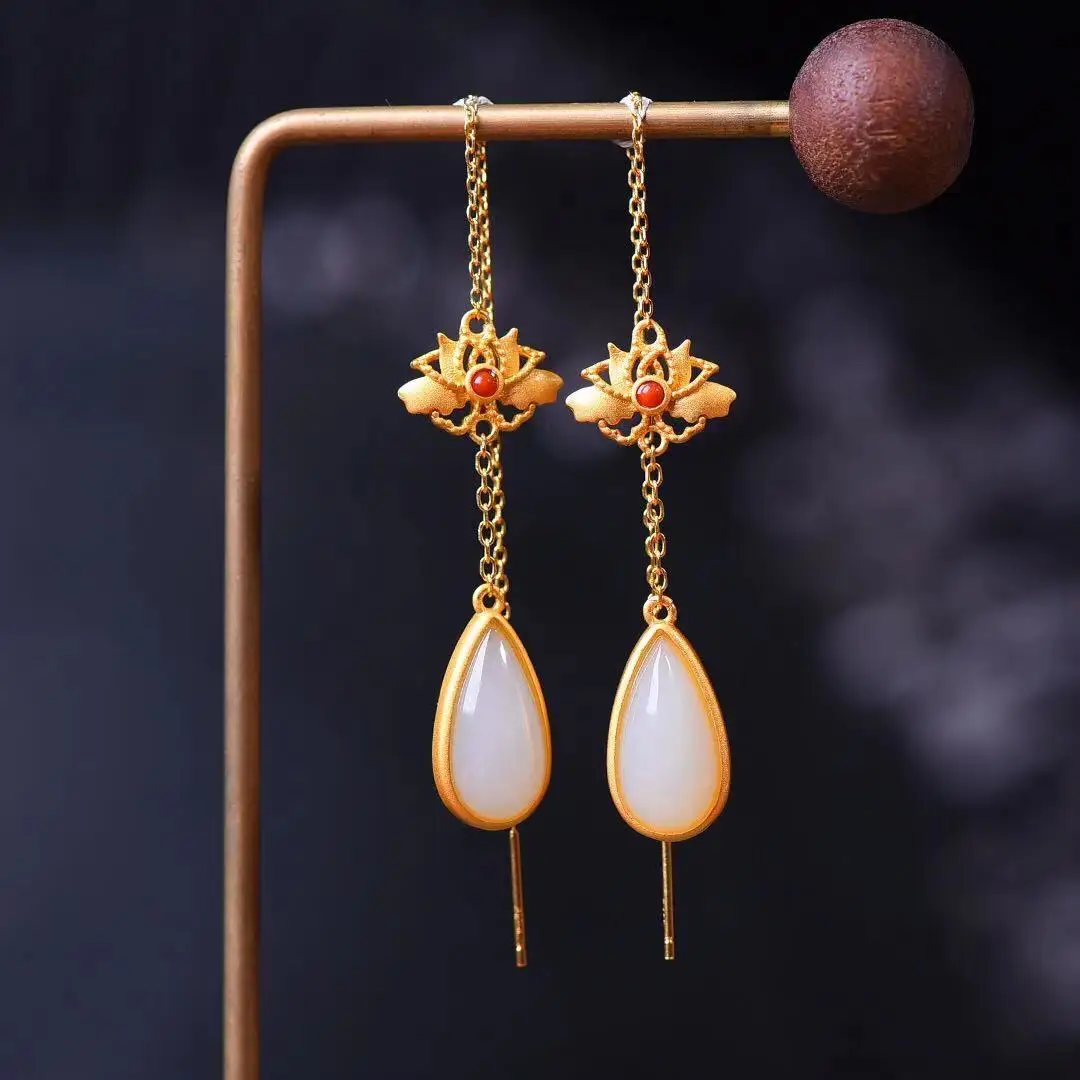 

Natural 925 silver inlaid Hetian jade drop earrings