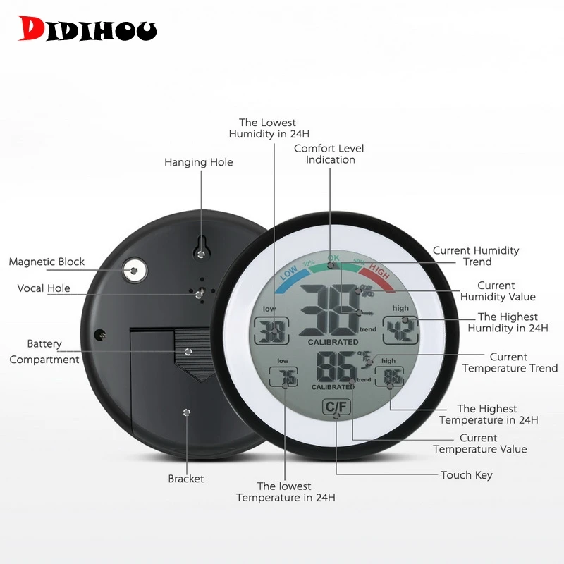 Multifunctional LCD Digital Thermometer Hygrometer C/F Round Wireless Humidity Meter Weather Station Temperature Gauge Indoor |
