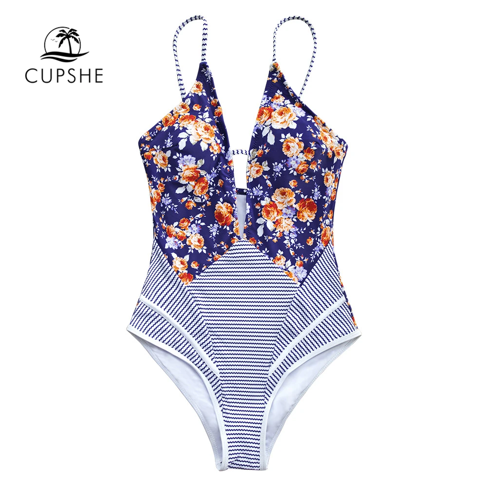 CUPSHE/цельные купальники с темно-синим принтом и глубоким v-образным вырезом