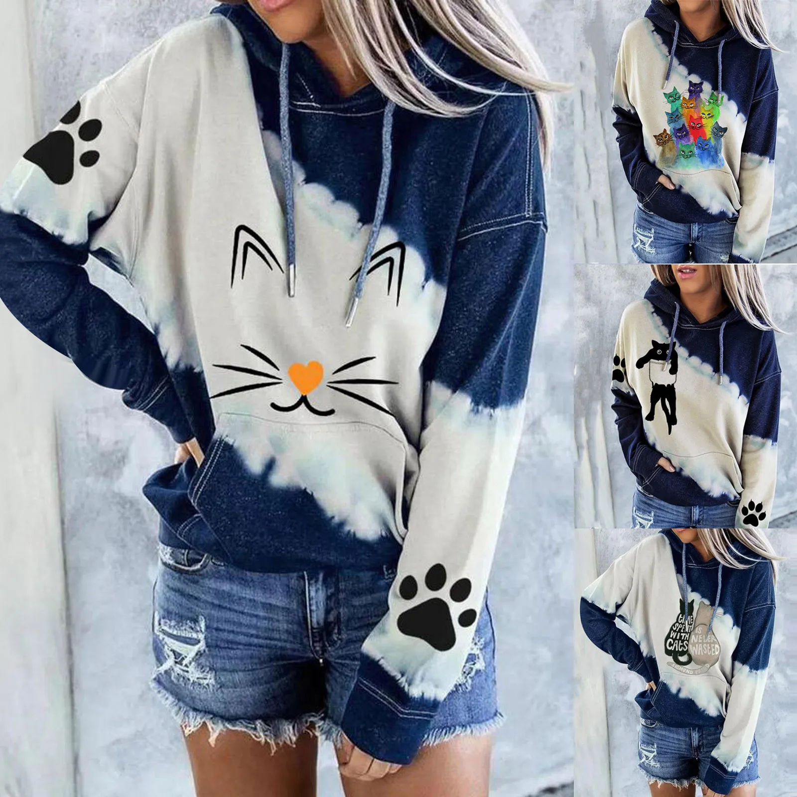 2021 Sweatshirt Fashion Women Long Sleeve Color Block Cat Print Pockets Sweatshirt Hooded Top Christmas Valentine's Day #dz