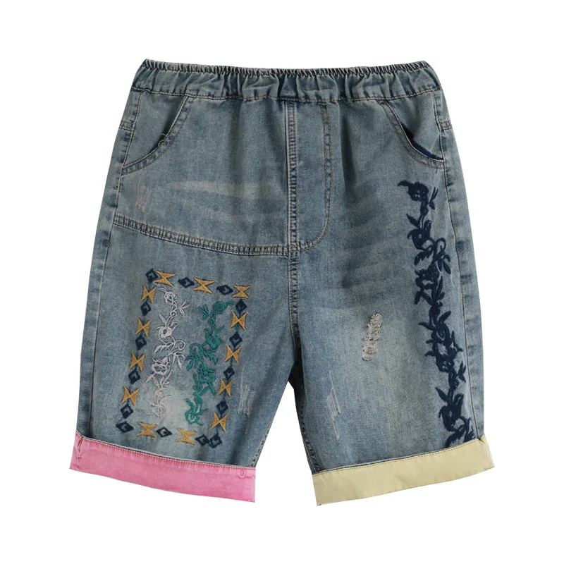 

Women Summer Fashion Vintage Embroidery Ripped Contrast Color Patchwork Half Sleeve High Waist Denim Casual Female Chic Shorts