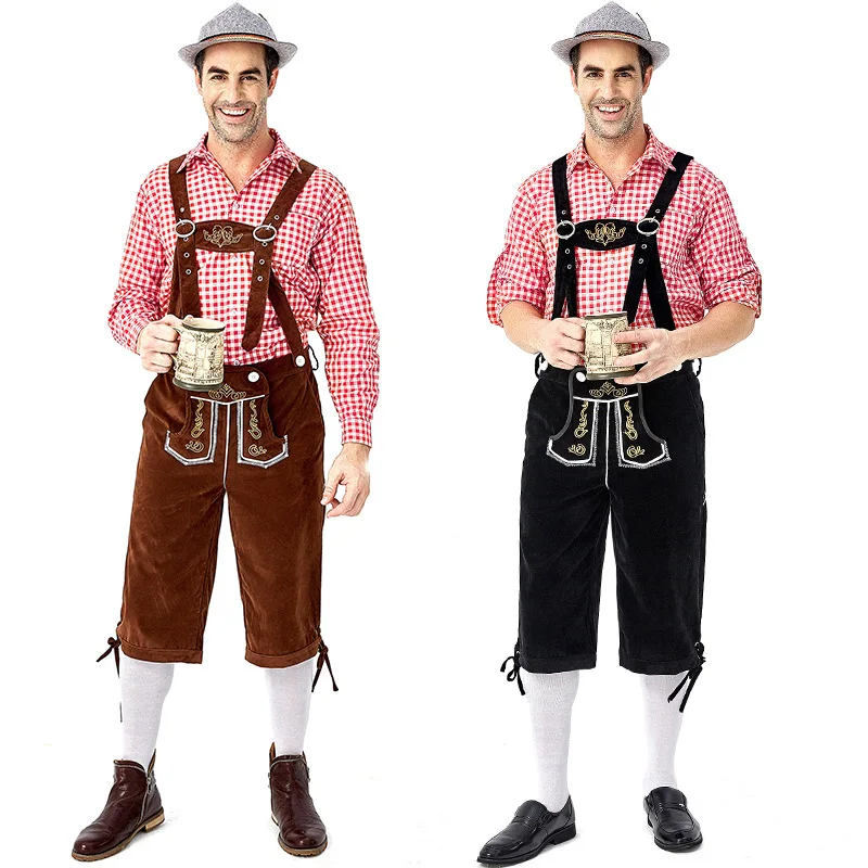 Костюм Lederhosen мужской на Октоберфест с подтяжками комплект шапки для вечеринки