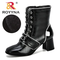 royyna 2019 new designer popular style mid calf boots women winter fashion round toe high heels zipper woman trendy boots comfy