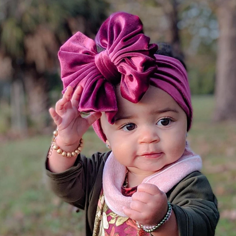 

Бархатная Детская повязка на голову, тюрбан с большим бантом для новорожденных, аксессуары для волос