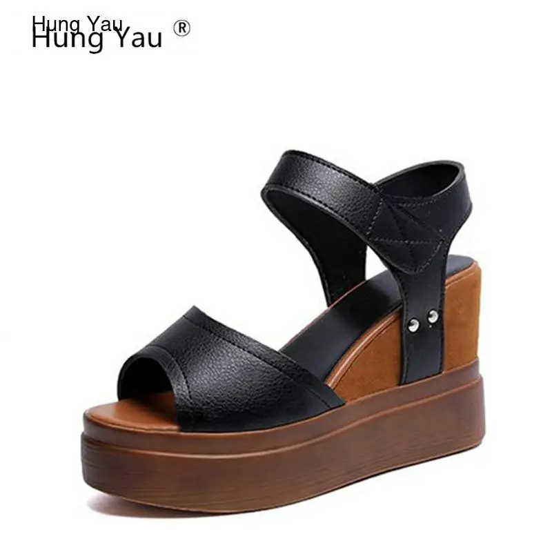 Женские босоножки на танкетке hang Yau черные кожаные толстой подошве 4 цвета