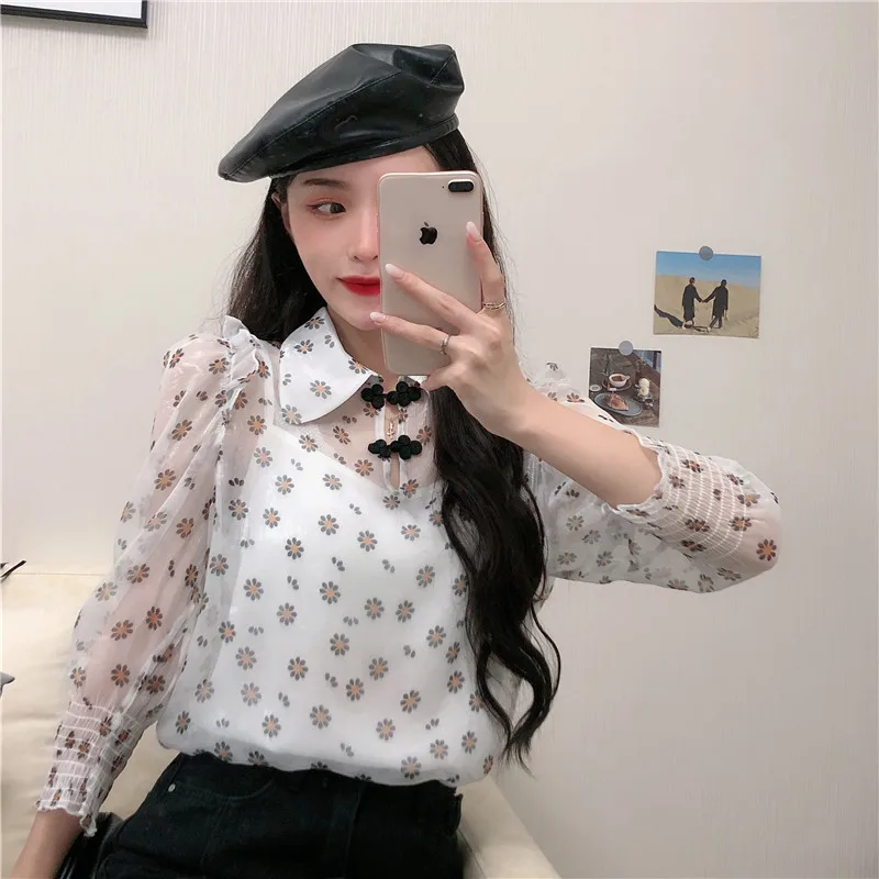 

Two Pieces Tops Floral Chiffon Sweet Style Shirts Fashion Brand Korean Clothes Blouse Women Hipster Spring Autumn Thin New