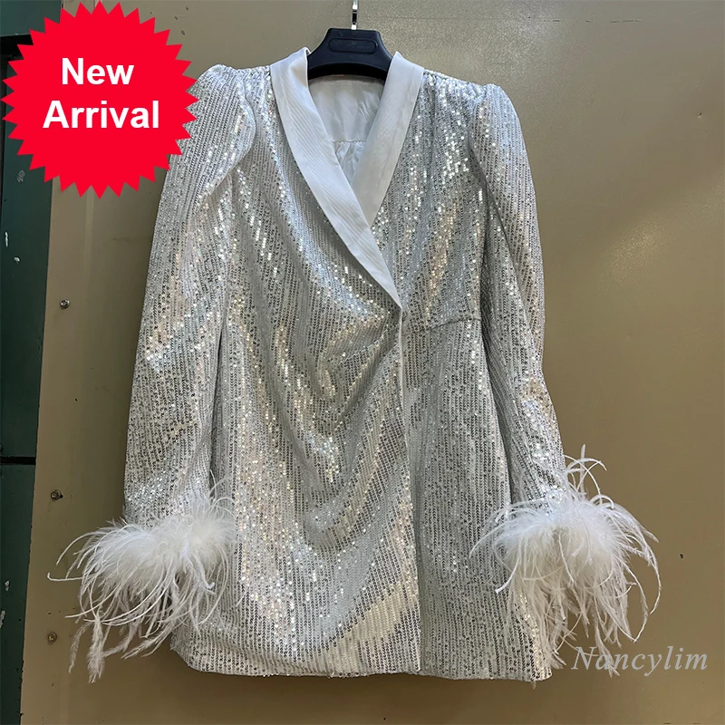 

Temperament Sequined Dress for Womens Spring Winter Evening Party Dress Performance Outfits Ostrich Feather Vestidos Ladies 2022