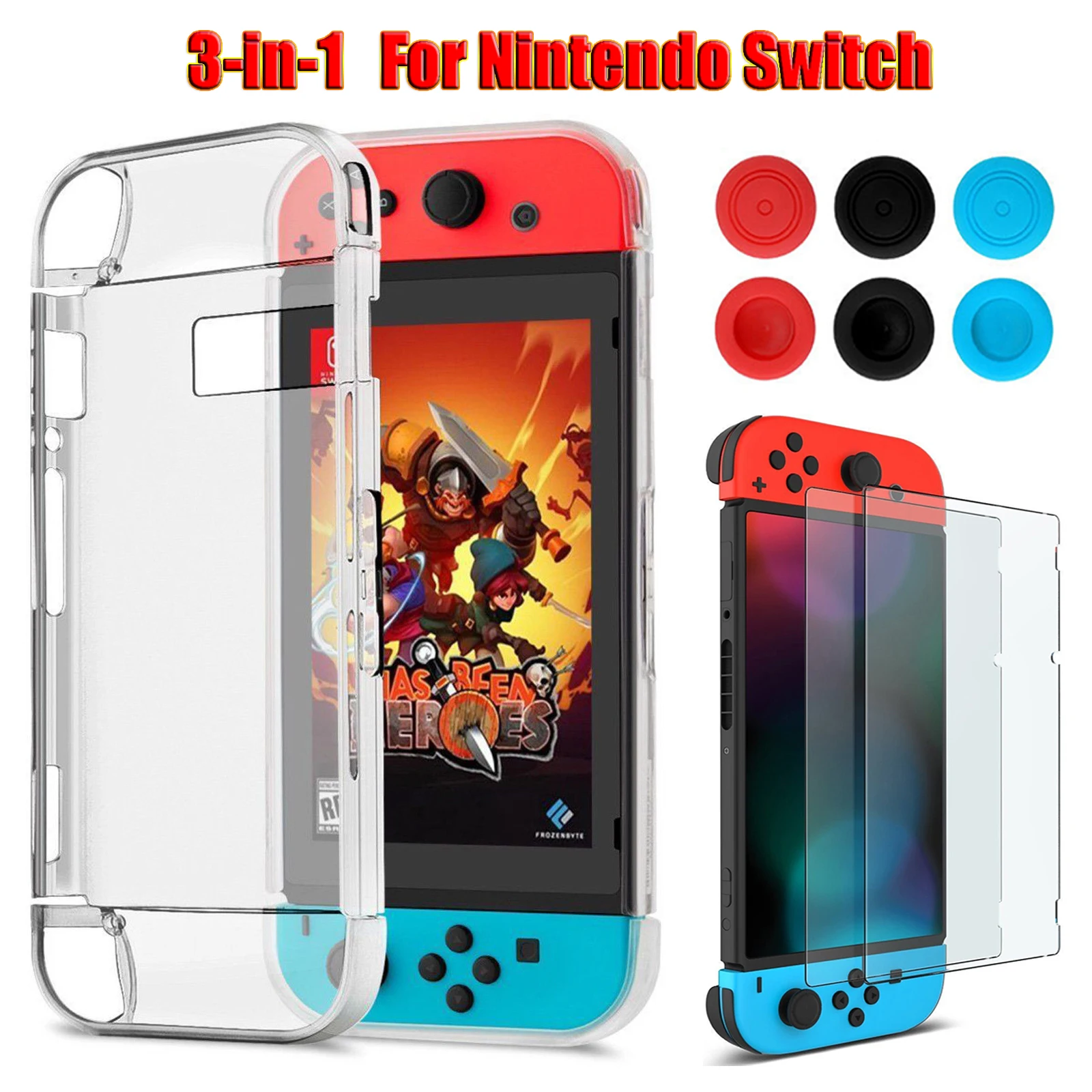 

3 In 1 For Nintendo Switch Transparent Back Hard Case +Tempered Glass Screen Protector + 6pcs Thumb Grips Caps