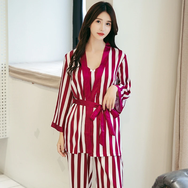 Женский пижамный комплект в полоску 3 шт. Весенняя женская одежда для сна синяя