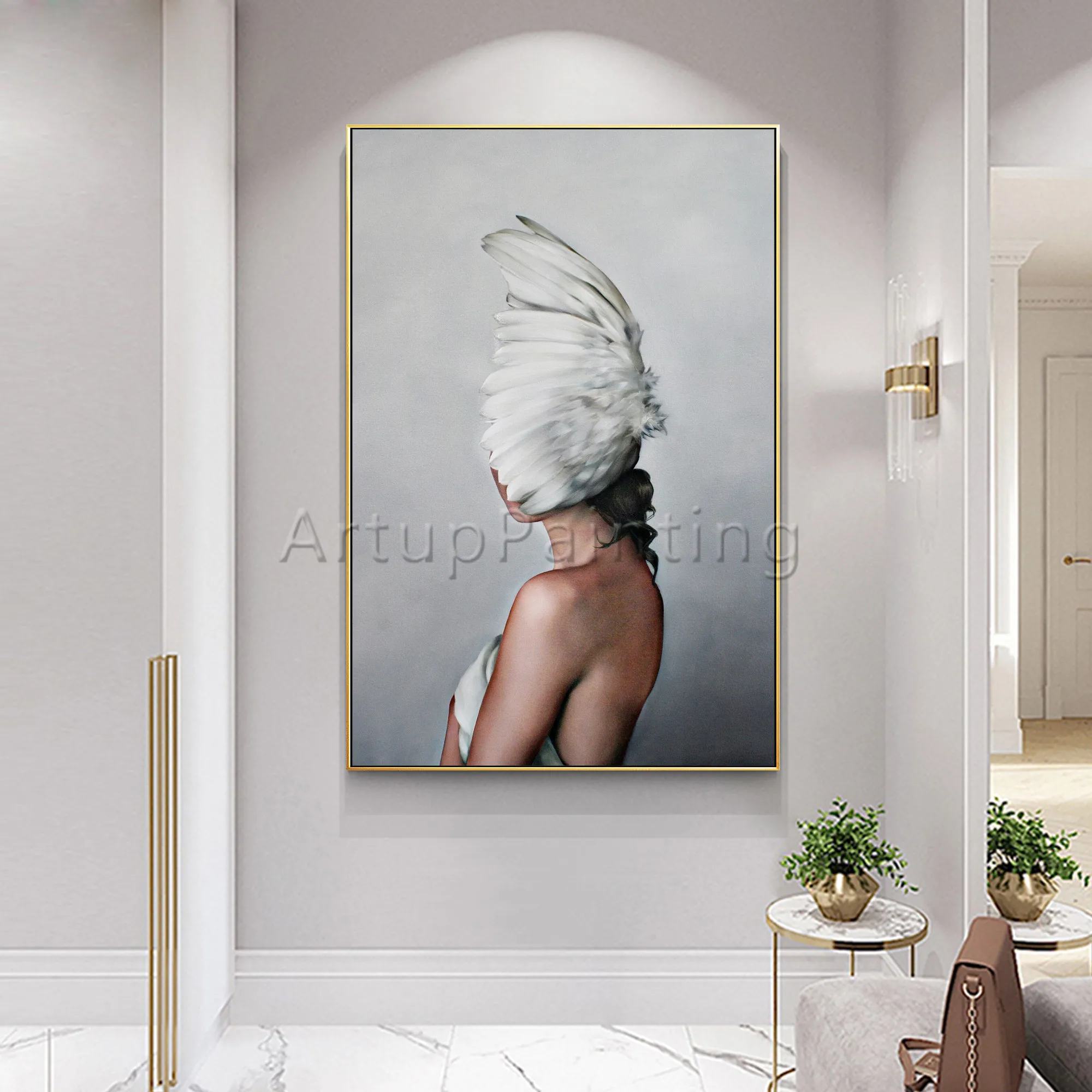 

Modern oil Painting on Canvas Hand Painted white feather woman potrait Wall Art Picture for Living Room Home Decoration