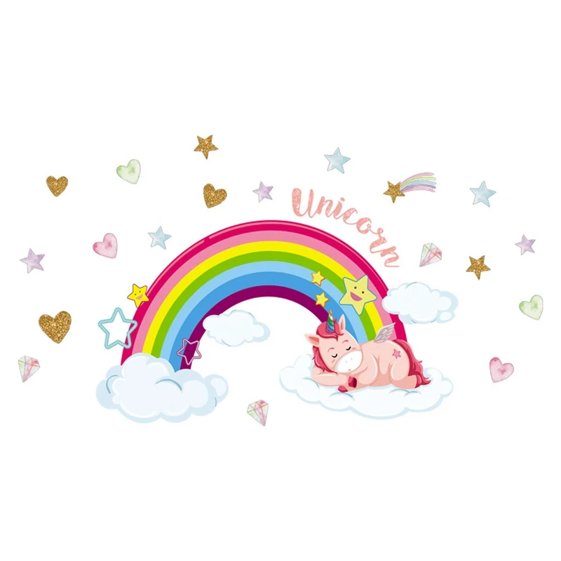 

Виниловые наклейки на стену с изображением радужного единорога, спящего на облаке, для украшения комнаты, для детской гостиной, спальни, дом...