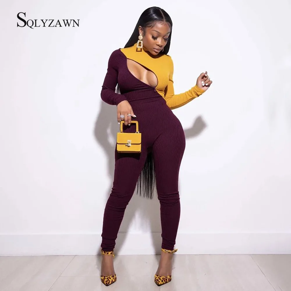 Вязаный Облегающий комбинезон для женщин Осенний хит цвет грудь молния длинный