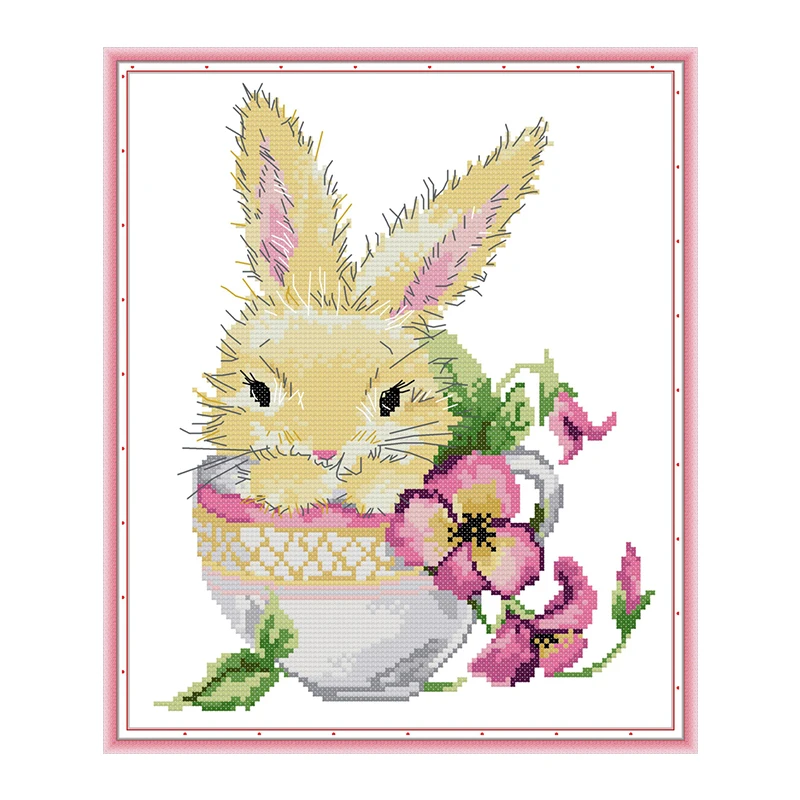 

Rabbit in the cup cross stitch kit aida 14ct 11ct count printed canvas stitches embroidery DIY handmade needlework