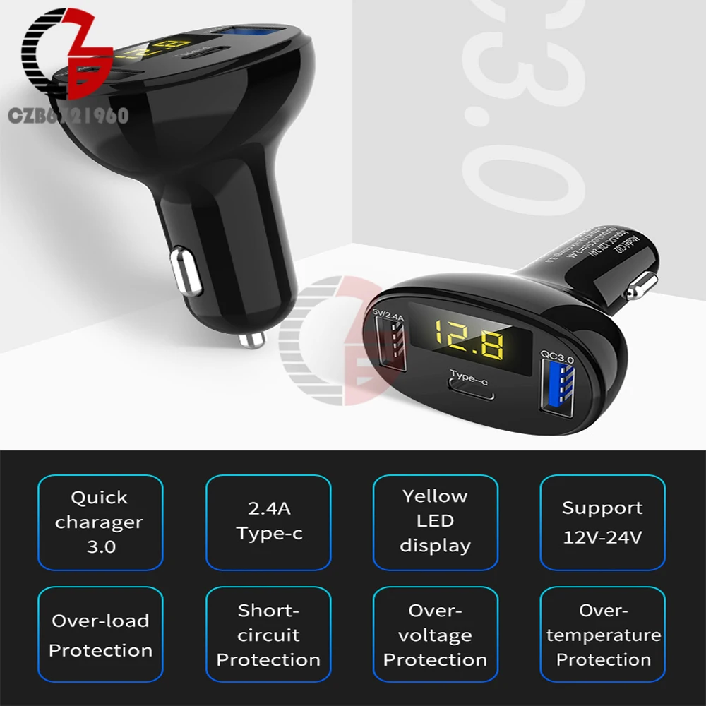 Автомобильное зарядное устройство Type C USB QC3.0 QC2.0 быстрое автомобильное вольтметр