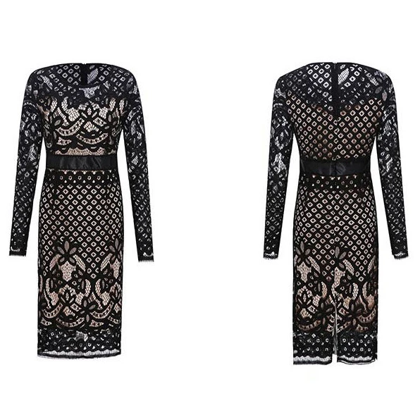 

Foamlina Sexy Lace Bodycon Dress Women Fashion Spring Black Hollow Out Long Sleeve Casual Work Party Midi Pencil Dress Vestidos