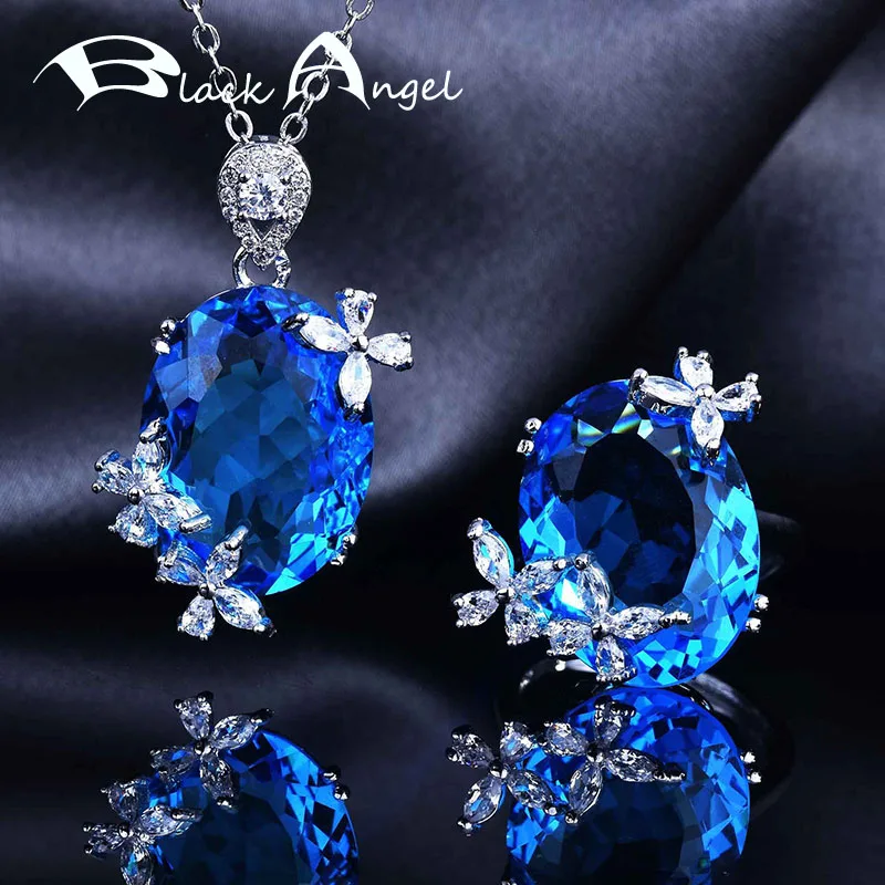 

BLACK ANGEL 925 Silver Insect Jewelry Sets For Women Inlaid Blue Gemstone Butterfly Pendant Necklace Adjustable Ring Party Gift