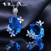 black angel 925 silver insect jewelry sets for women inlaid blue gemstone butterfly pendant necklace adjustable ring party gift